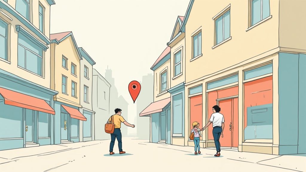 An illustrated street scene with people and buildings, featuring a prominent red location pin icon.