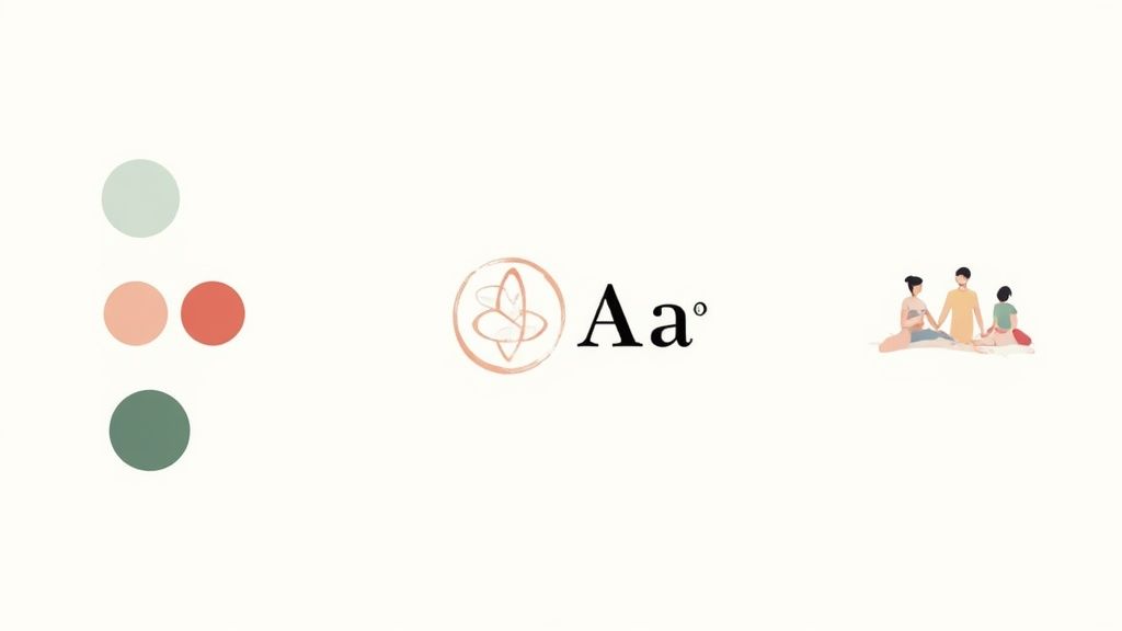 A Guide to Health and Wellness Branding in the UK 3 A flat lay of design elements including colour swatches, fonts, and a logo on a mood board.