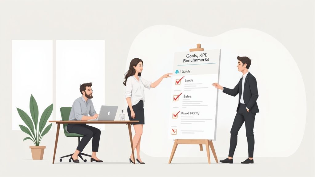 A person writing on a whiteboard with sticky notes, representing strategic planning.