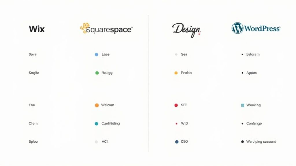 Wix vs Squarespace vs WordPress: A Guide for UK Businesses 2 A detailed comparison list showcasing various features and aspects of Wix, Squarespace, Design, and WordPress platforms.