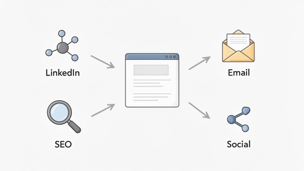Diagram illustrating content marketing channels like LinkedIn, SEO, email, and social media for lead generation.