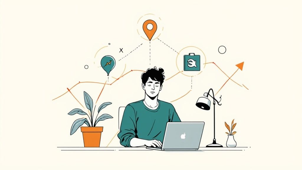 A small business owner working on a laptop with charts and graphs in the background.