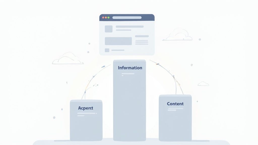 Illustration of a website's conceptual architecture, showing connections between information, content, and aspects.