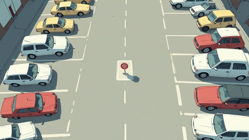 An overhead view of a parking lot filled with various cars, with a stop sign in the middle.