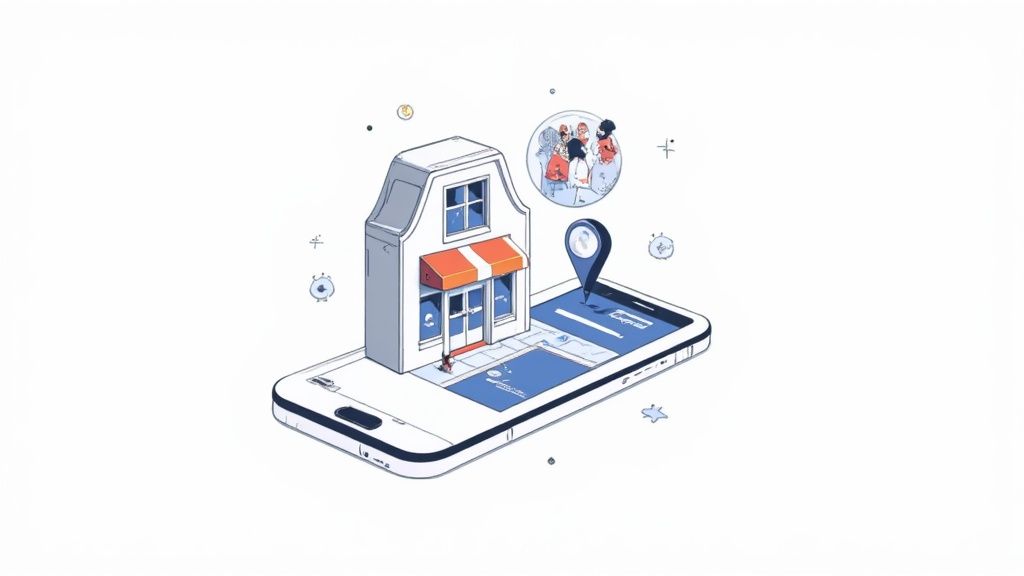 Illustration of a small shop with an awning and a location pin on a smartphone, representing local business and online services.