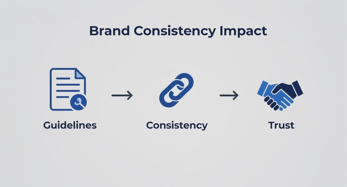 Brand consistency impact diagram showing progression from guidelines through consistency to trust building with icons