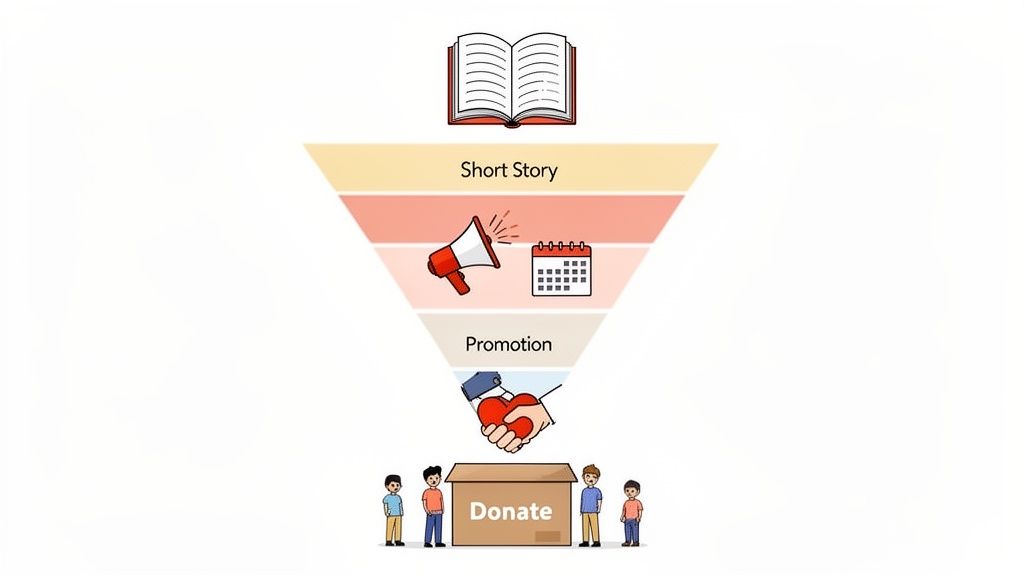 A marketing funnel diagram showing how a short story and promotion lead to donations for children.