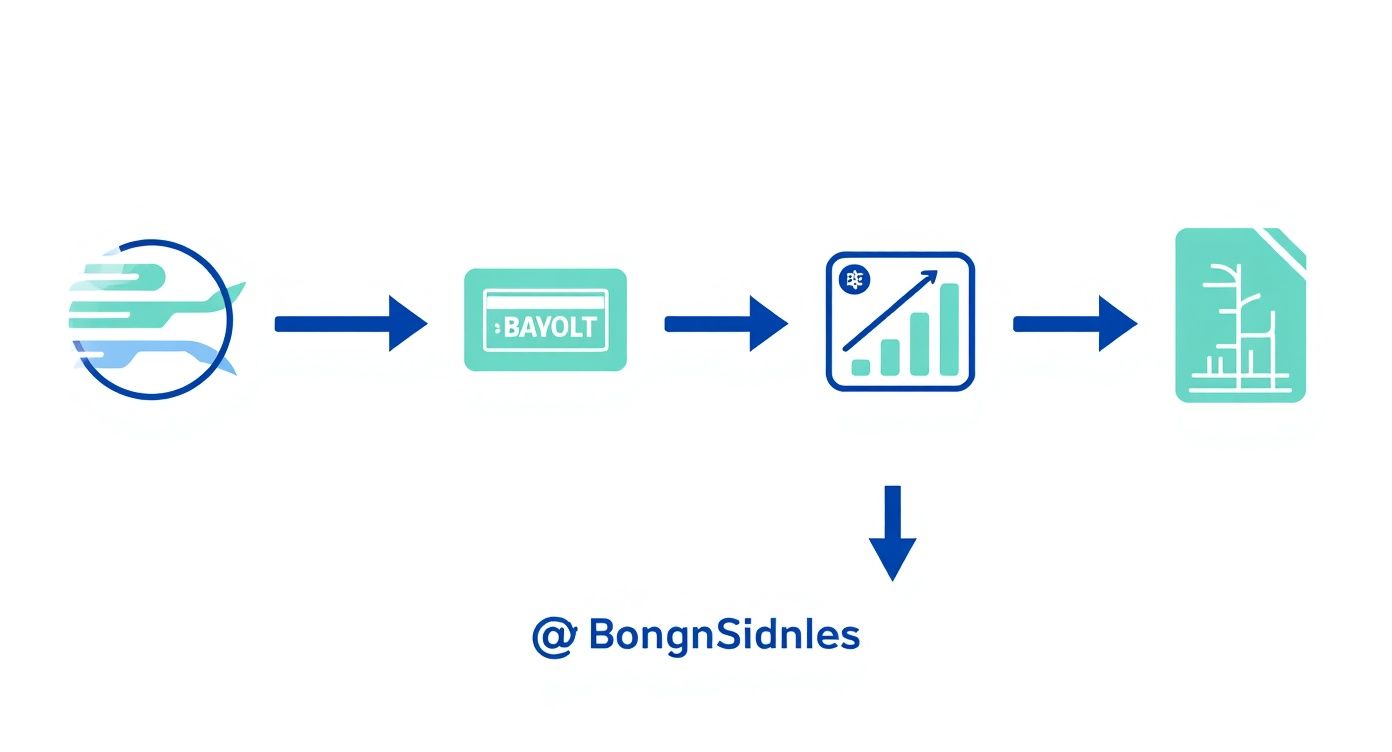 Infographic showing the process of collecting data from marketing channels, through tracking, to an analysis dashboard.