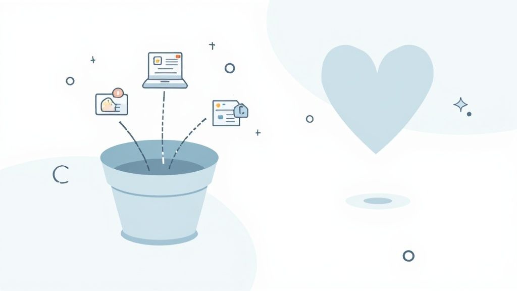 Illustrates digital data, laptop, and documents being gathered into a bucket, connected to a heart symbol.