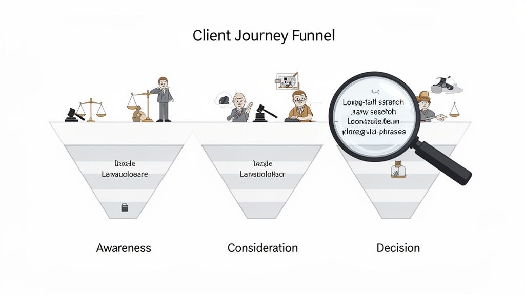 A client journey funnel graphic illustrating awareness, consideration, and decision stages with legal and search marketing concepts.