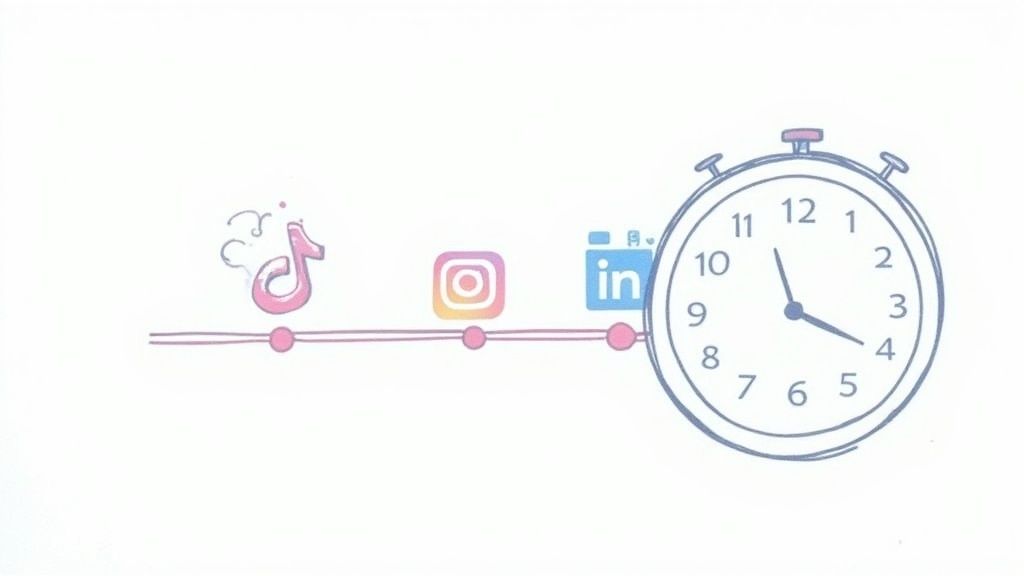 A calendar and clock graphic surrounded by social media platform icons, symbolising strategic scheduling.
