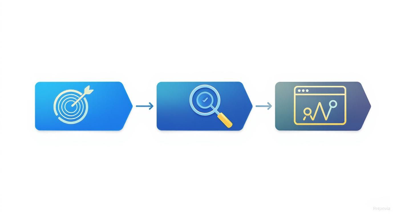 Three-step process flow diagram showing target, magnifying glass with checkmark, and analytics dashboard icons