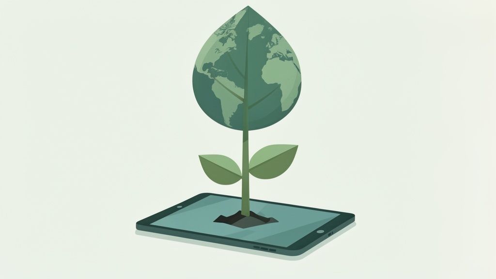 A green plant with an Earth-shaped leaf grows from a digital tablet, symbolizing digital sustainability.