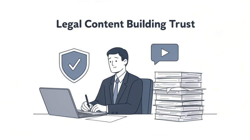 An illustration of a lawyer working on a laptop, creating legal content to build trust.