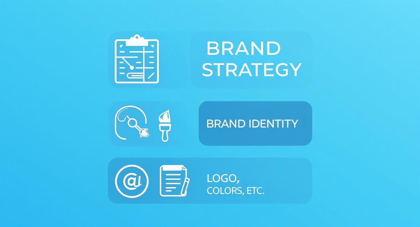 A graphic illustrating brand strategy, brand identity, logo, and colors on a blue background.