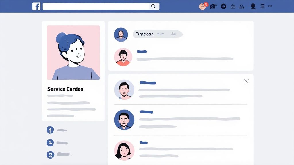 Illustration of a a Facebook-like social media interface with a profile card, feed, and navigation elements.