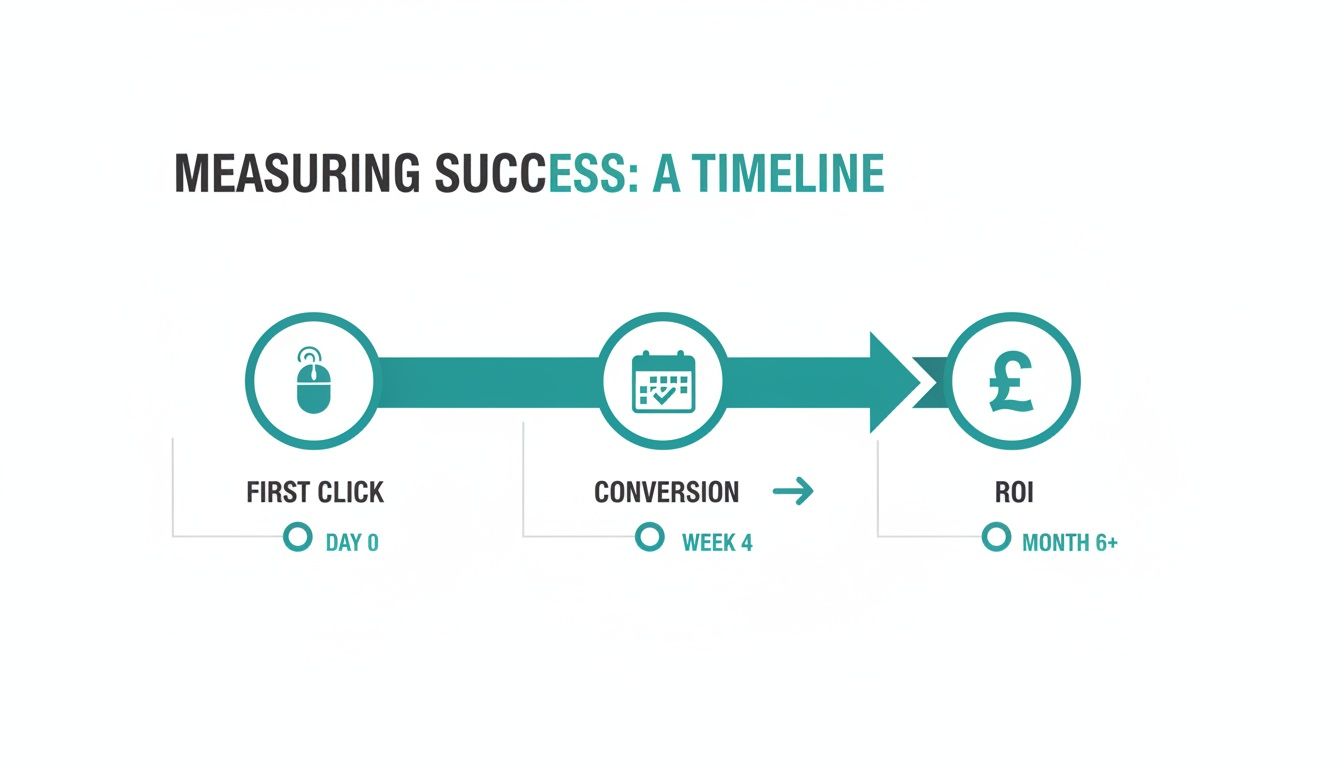 Timeline illustrating digital marketing success metrics from first click to conversion and ROI.