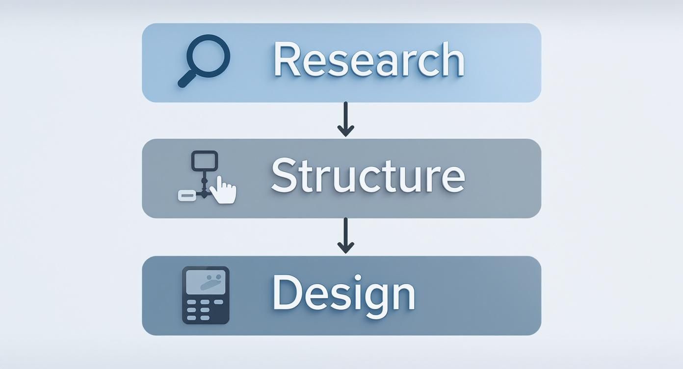 A flowchart showing three steps: Research (magnifying glass), Structure (diagram icon), and Design (calculator).