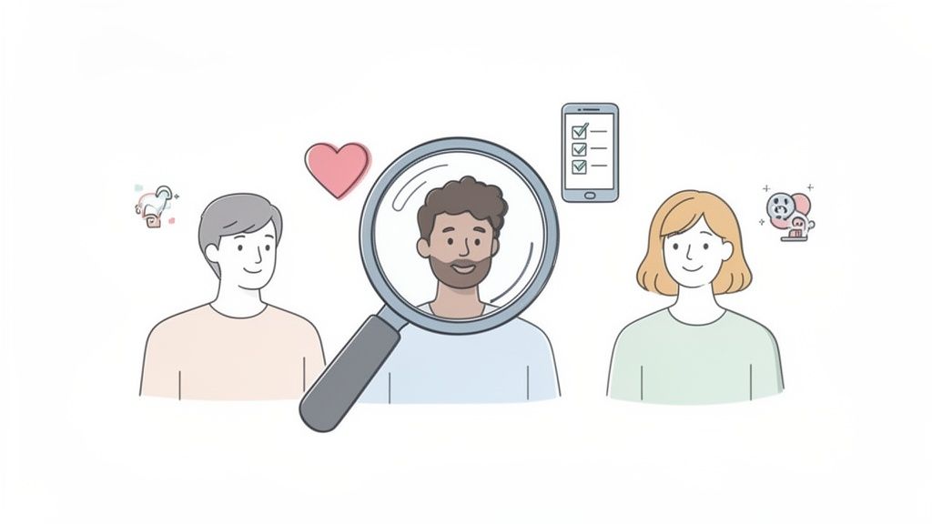 An illustration showing three people, with a magnifying glass highlighting a man, along with a heart and a checklist.