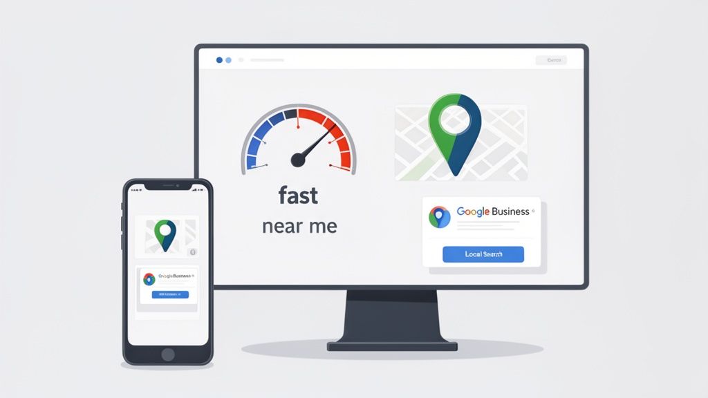 A desktop monitor and smartphone show fast local search results and Google Business integration.