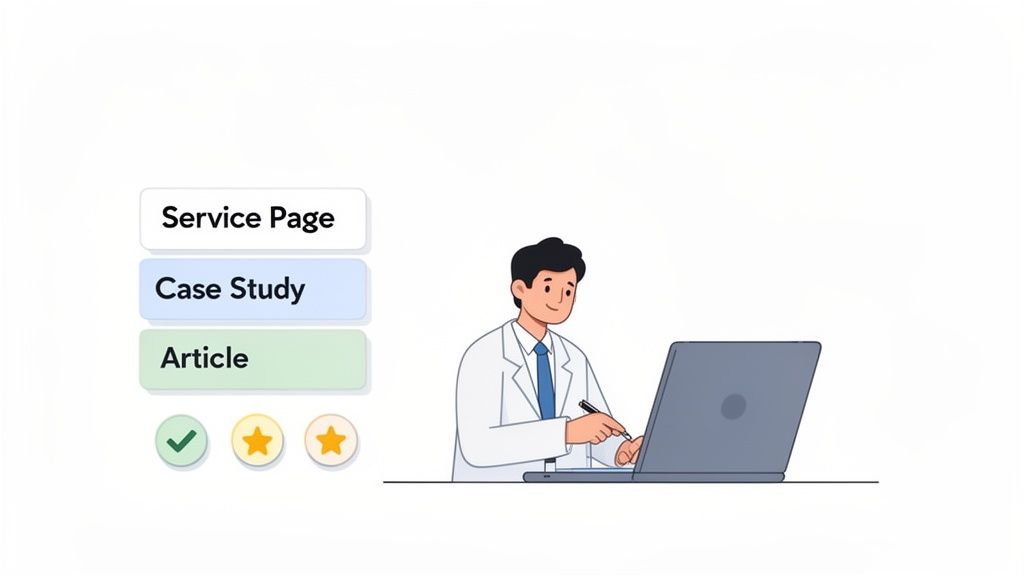 A professional in a lab coat works on a laptop, with content options like Service Page, Case Study, and Article displayed with status icons.