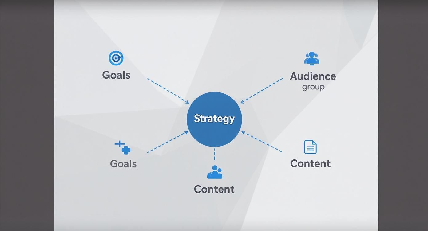 A circular diagram with 'Strategy' at the center, connected to 'Goals', 'Audience group', and 'Content' elements.