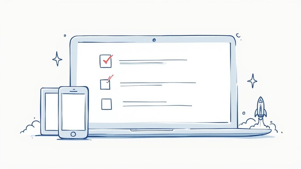 Laptop displaying checklist with mobile devices and rocket illustration representing startup web design workflow
