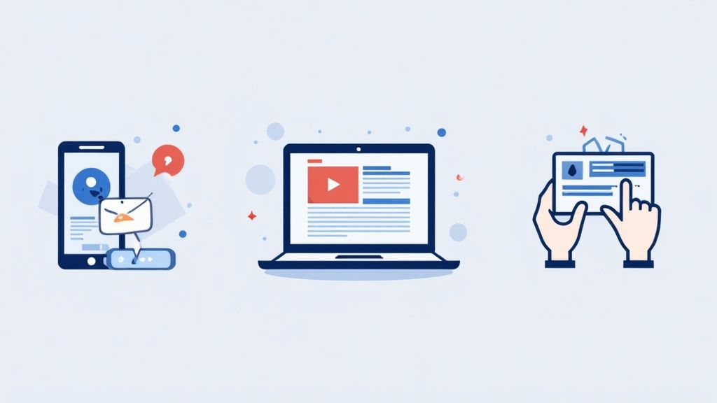 A person's hands using a smartphone and laptop simultaneously, showing various social media and digital marketing icons floating around.