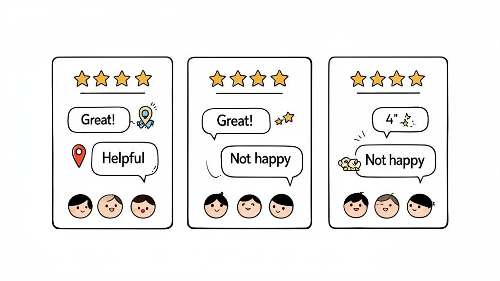 Three cartoon review cards displaying customer feedback with 4-star ratings and reactions.