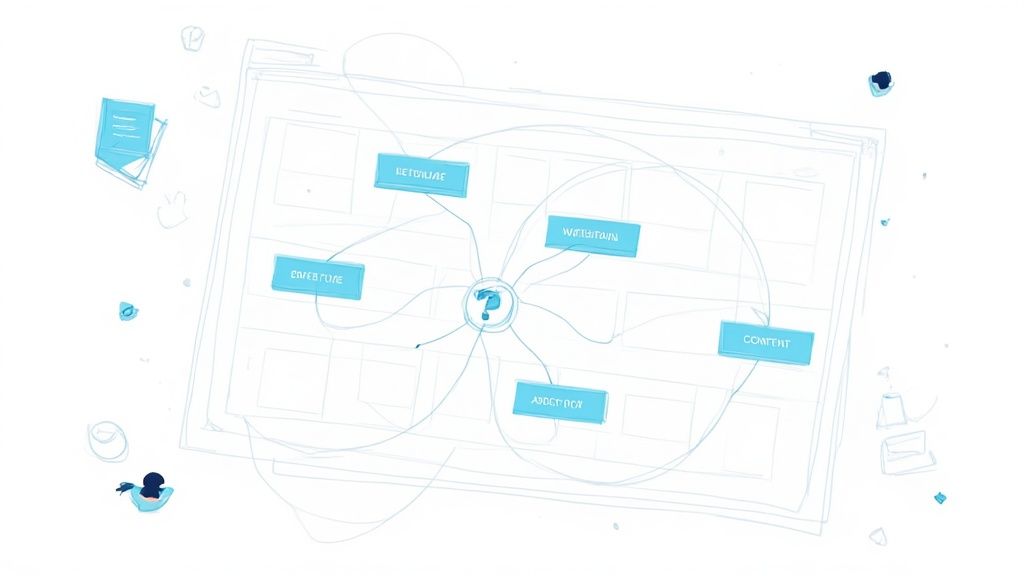 A detailed diagram illustrating website architecture with content, maintenance, and other connected components.