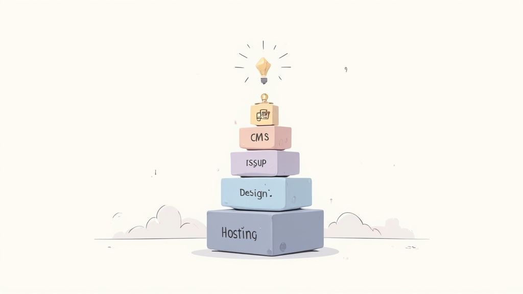 Pyramid illustration showing website building blocks: hosting, design, ISSUP, CMS, with lightbulb on top