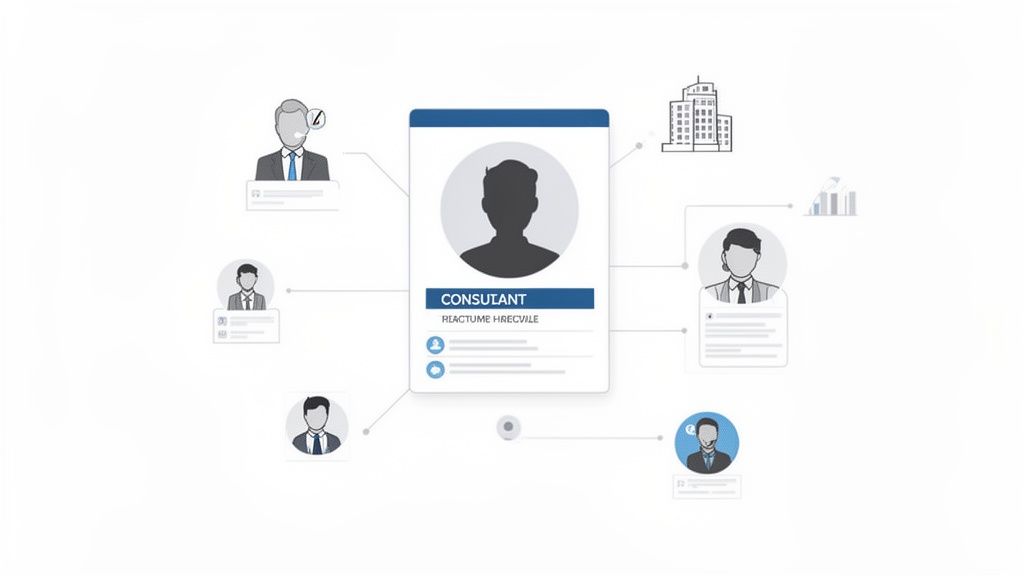 Consultant network infographic displaying a central profile connected to clients, colleagues, and business data.