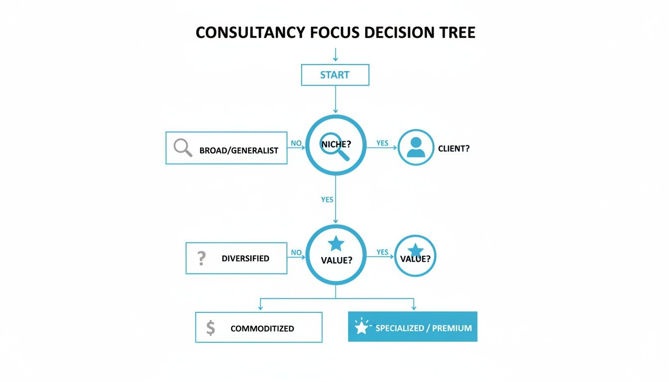 A Practical Guide to Social Media Marketing for Consultants 1 A flowchart illustrating a consultancy focus decision tree, guiding from start to specialized or commoditized outcomes.