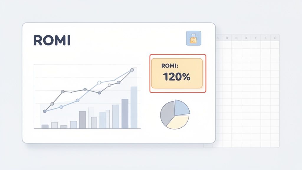 A dashboard displaying ROMI, featuring line, bar, and pie charts, with a key metric of 120%.