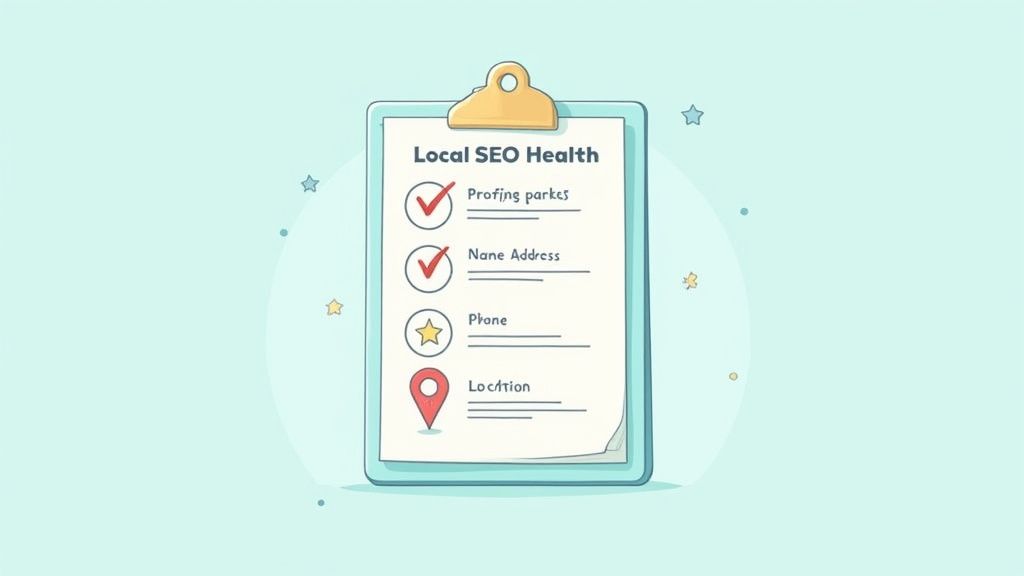 A cartoon clipboard displaying a 'Local SEO Health' checklist with checked items and icons.