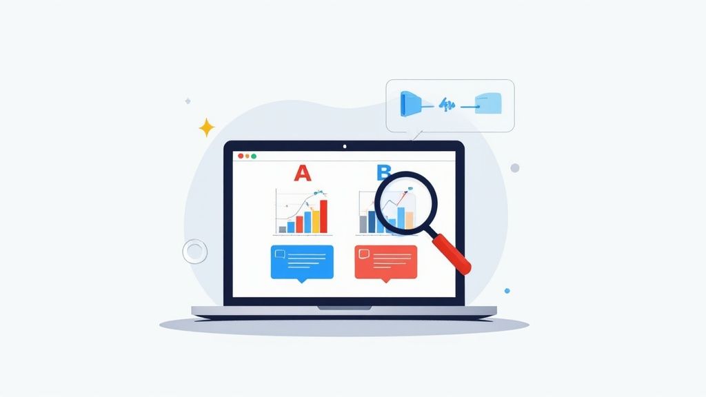What is Data-Driven Decision Making? 3 Laptop displaying data analytics charts and graphs with magnifying glass examining business metrics
