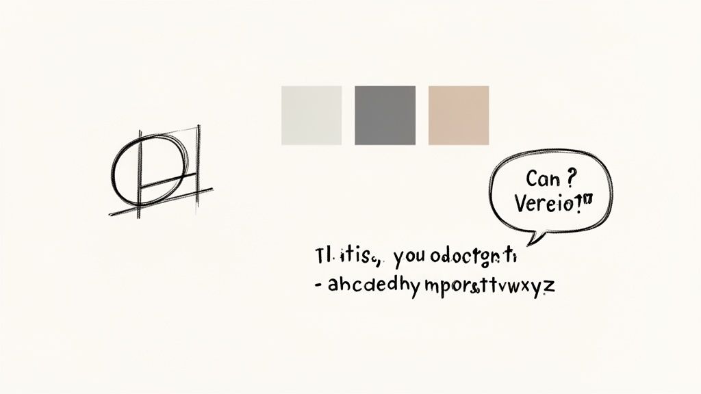 A design mood board showing a sketched logo, color palette, and handwritten text samples.