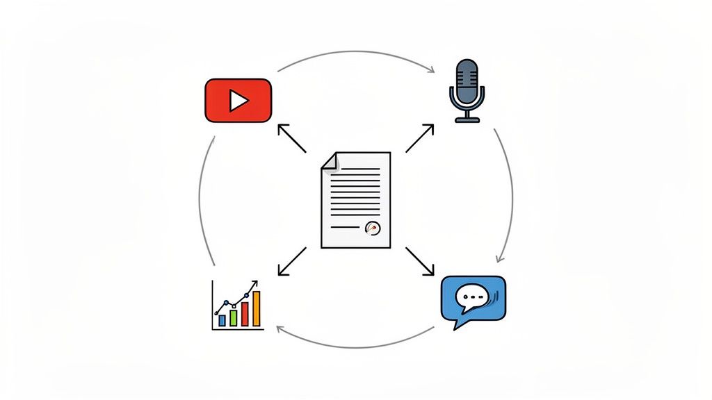 10 Proven B2B SEO Strategies for Sustainable Growth in 2026 2 A diagram showing a central document transforming into video, audio, text, and data, with a content repurposing cycle.