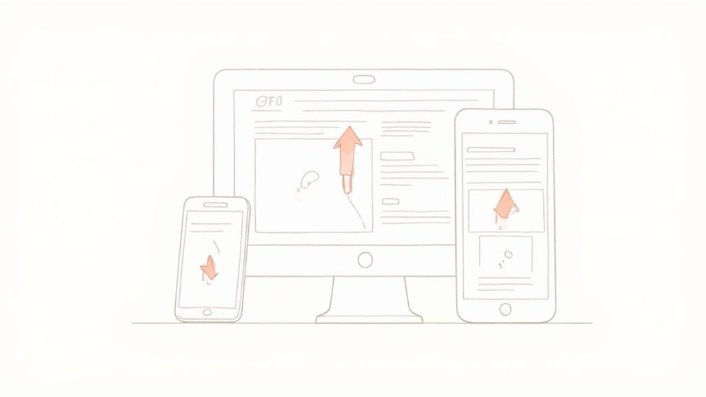 Responsive website design mockup showing desktop monitor, tablet and mobile phone with upward arrows