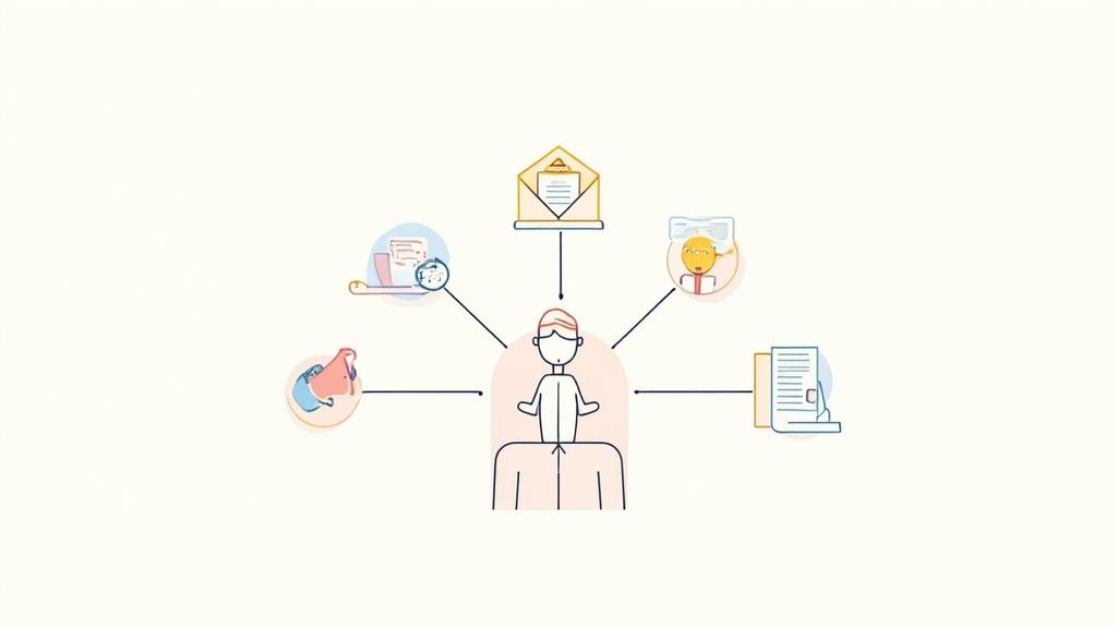 A diagram illustrating a central figure connected to five distinct icons representing various engagement aspects.