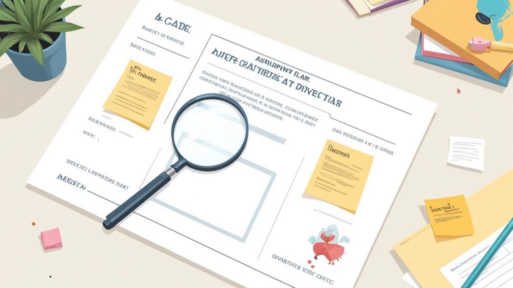 A top-down view of a desk with a document, magnifying glass, potted plant, and office supplies.