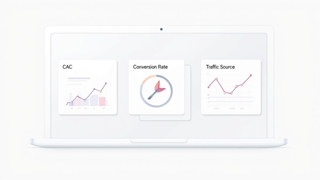 A dashboard showing various marketing metrics and charts, indicating performance tracking.