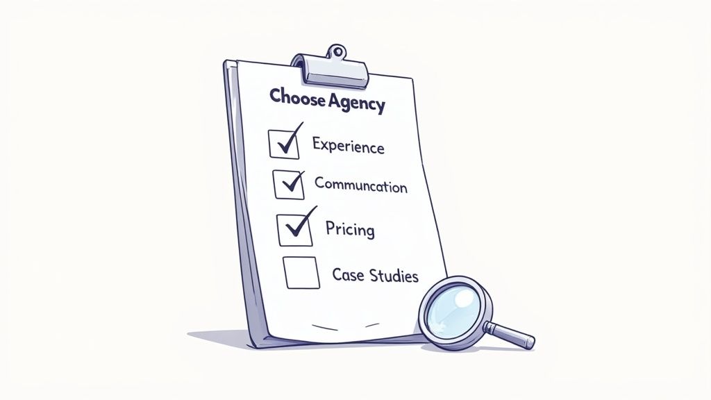 A Guide to a Marketing Agency for Small Business 2 A woman at a desk carefully reviewing documents and looking at a laptop, illustrating the process of choosing a marketing agency.