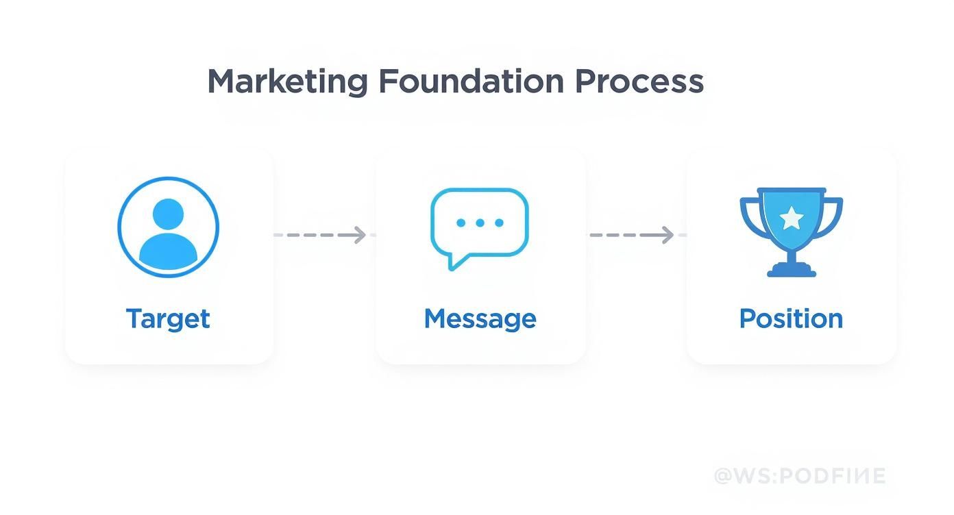 Marketing foundation process diagram showing three steps: target audience, message development, and market position
