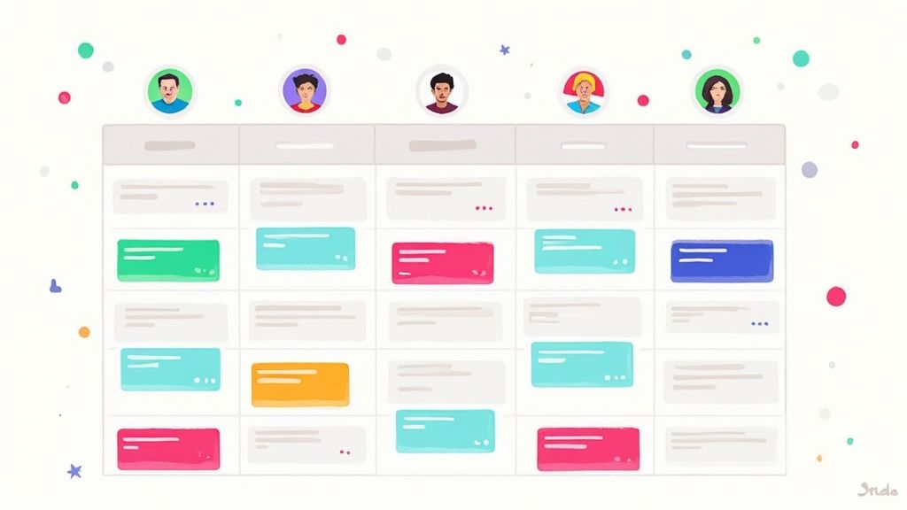 A person at a desk using a laptop and smartphone to plan a social media content calendar.