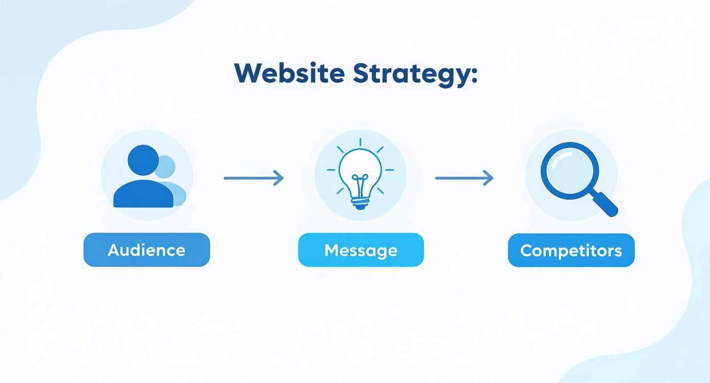 Website strategy flowchart showing three steps: audience identification, message development, and competitor analysis with icons