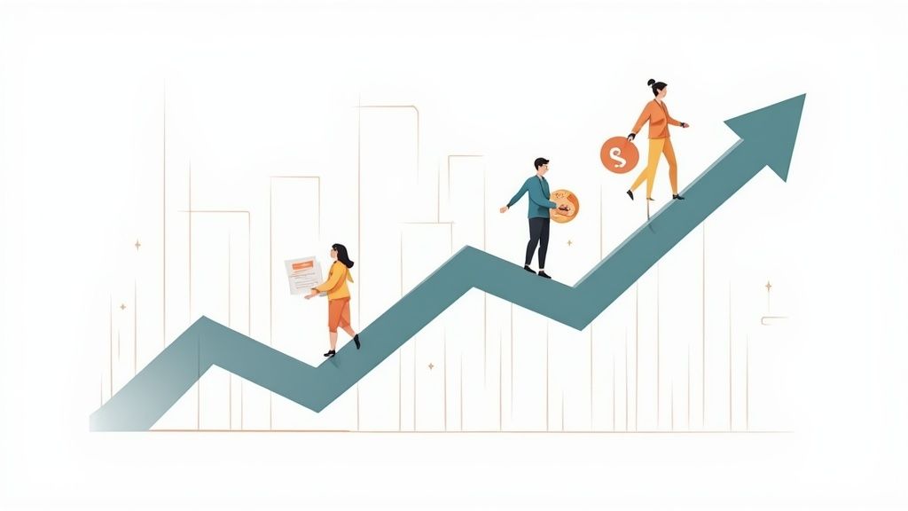 A chart showing upward business growth trends on a screen