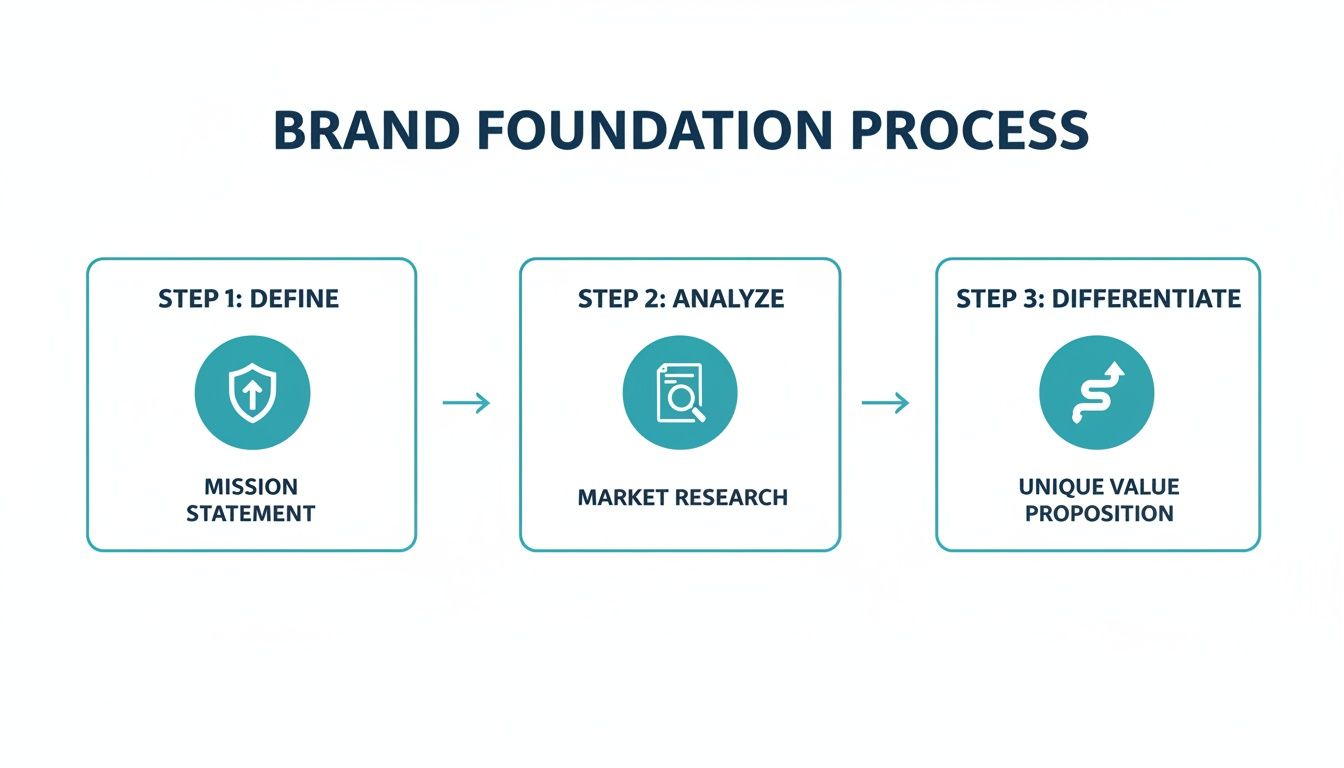 A visual diagram outlining the three-step brand foundation process, covering mission, market research, and unique value proposition.