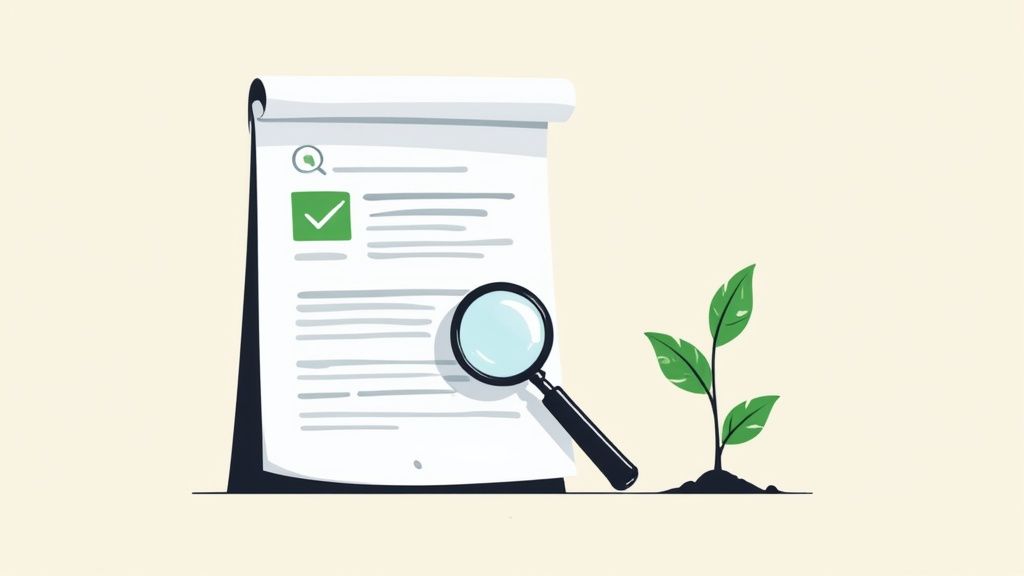 A document with a green checkmark and search icon, a magnifying glass, and a small plant growing.