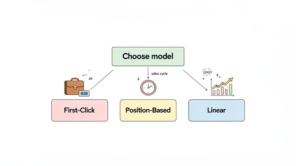 A diagram titled 'Choose model' illustrating three marketing attribution models: First-Click, Position-Based, and Linear, with relevant icons.